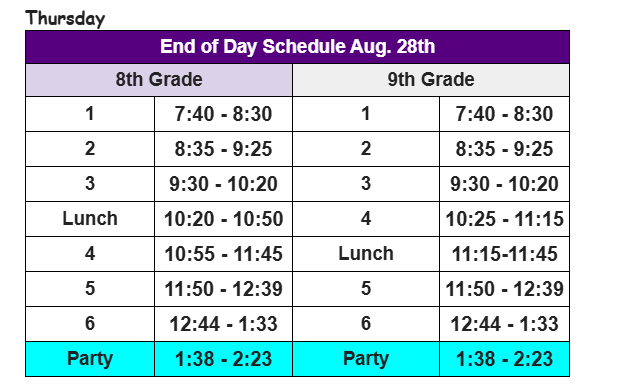 Bell Schedule for Thursday, August 28th with back to school celebration at the end of the day