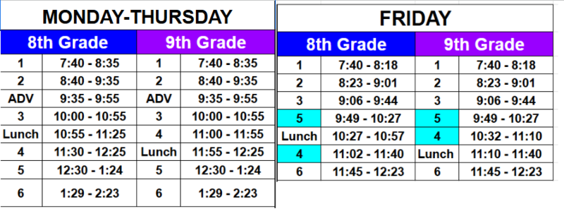 Alternate Bell Schedule Mon-Thurs. This schedule matches our normal Monday schedule