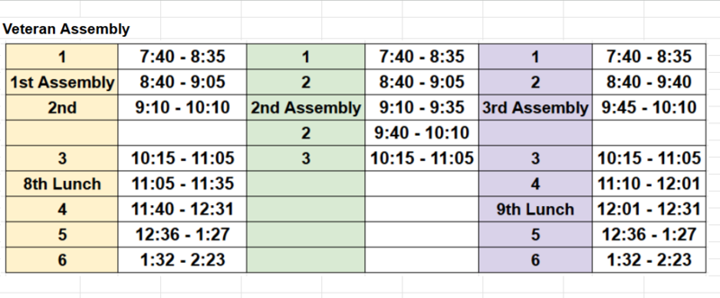 Veteran's Day Schedule