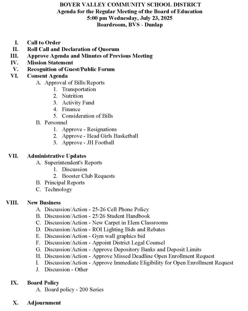 July 23rd Agenda