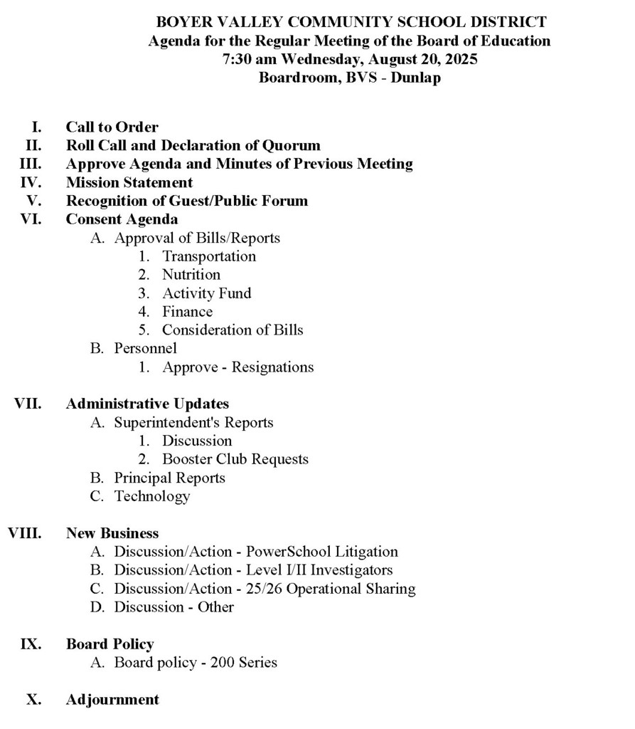 August 20th Agenda