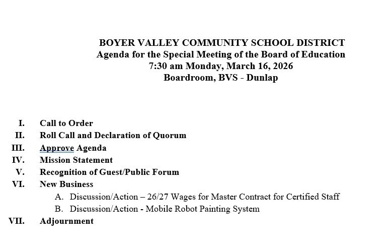 March 16th Special Board Meeting Agenda