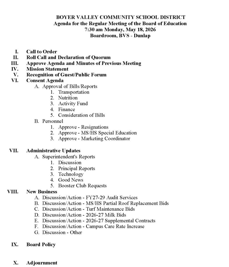 May 18th Agenda