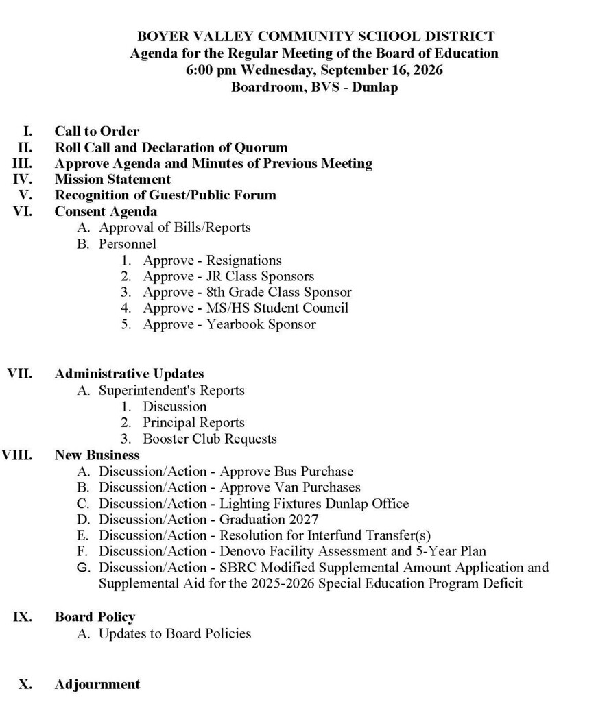 September 16th Board Meeting Agenda