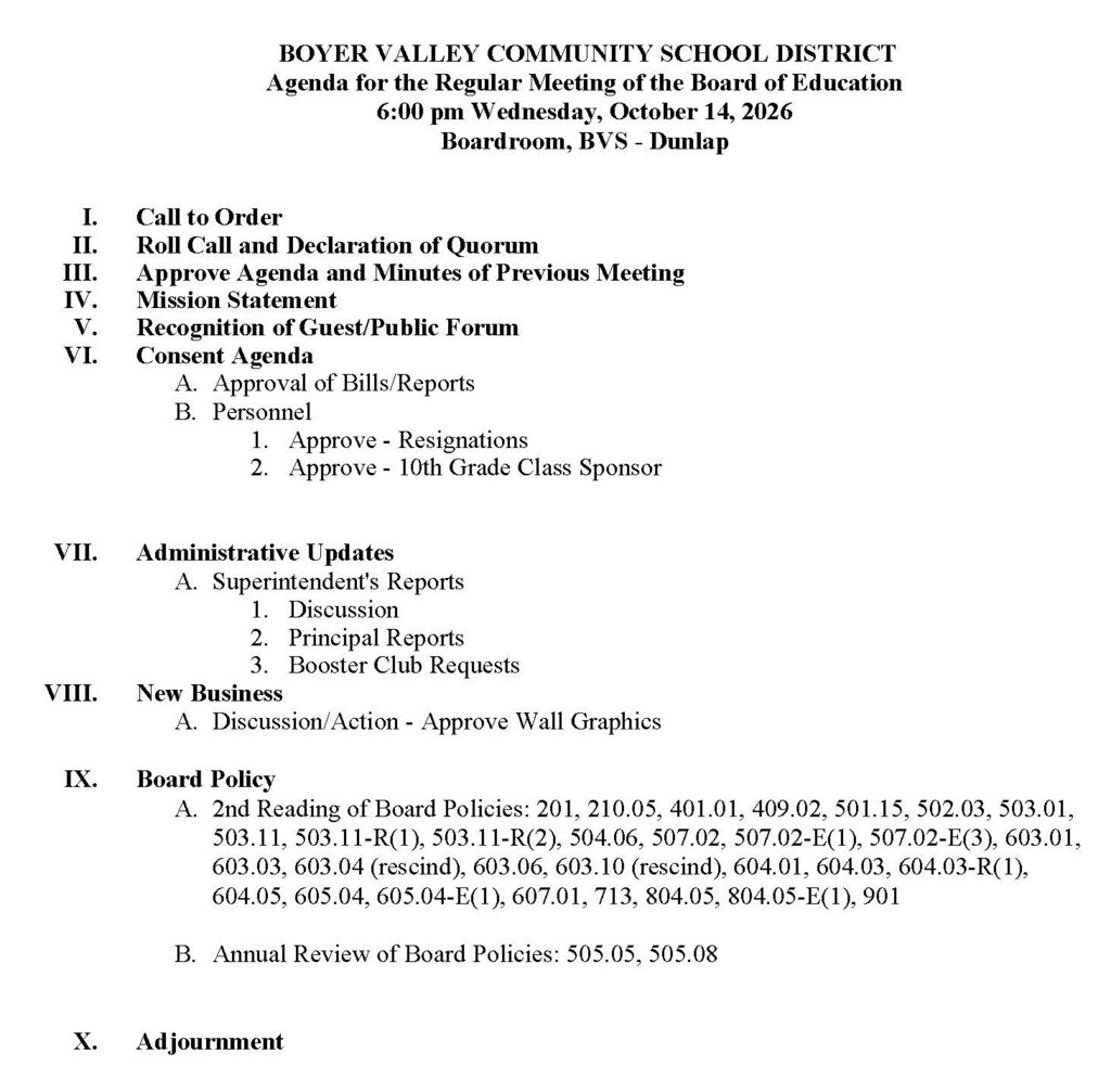 Oct 14, 2026 Board Meeting Agenda