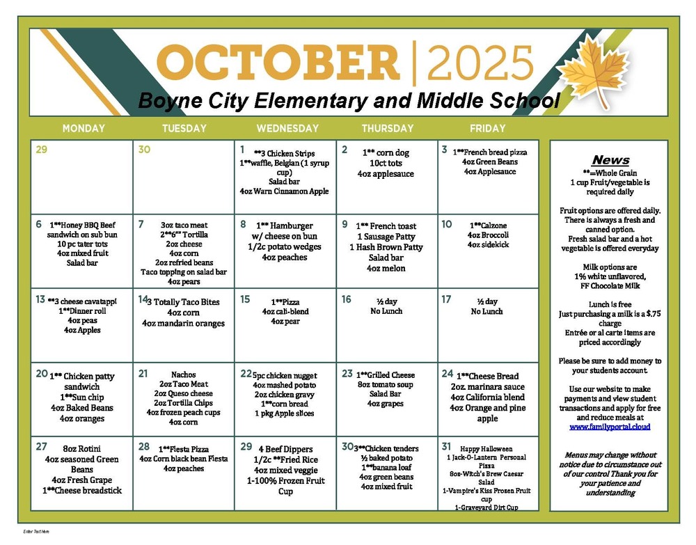 October Lunch Menu