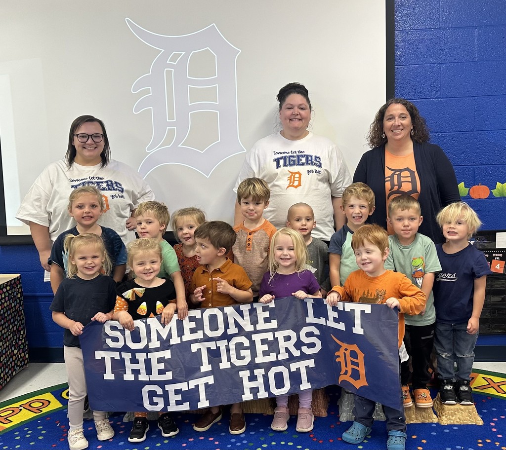 Mrs. Eaton's 3 year old classroom is celebrating the Detroit Tigers this week. We don't know who, but someone let the Tigers get hot! We are hoping for a win today!