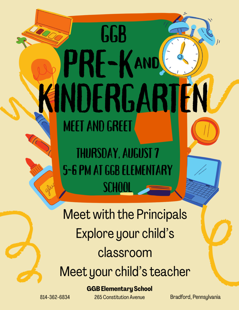 Pre-K / Kinder meet and greet. Thursday, August 7 from 5-6 pm.
