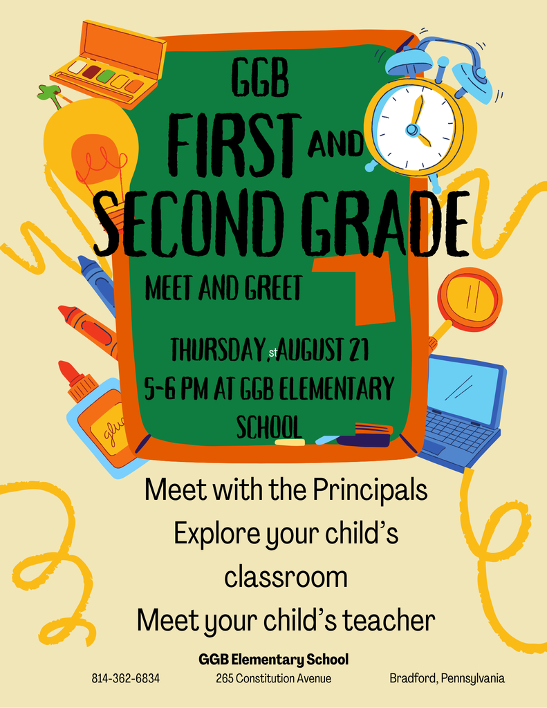 First and Second Grade Meet and Greet. Thursday, August 21 from 5-6 pm.