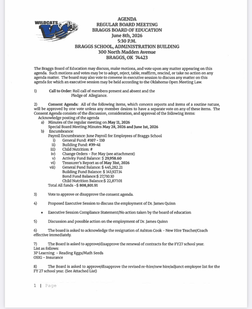 Regular School Board Meeting Agenda for June 8 , 2026