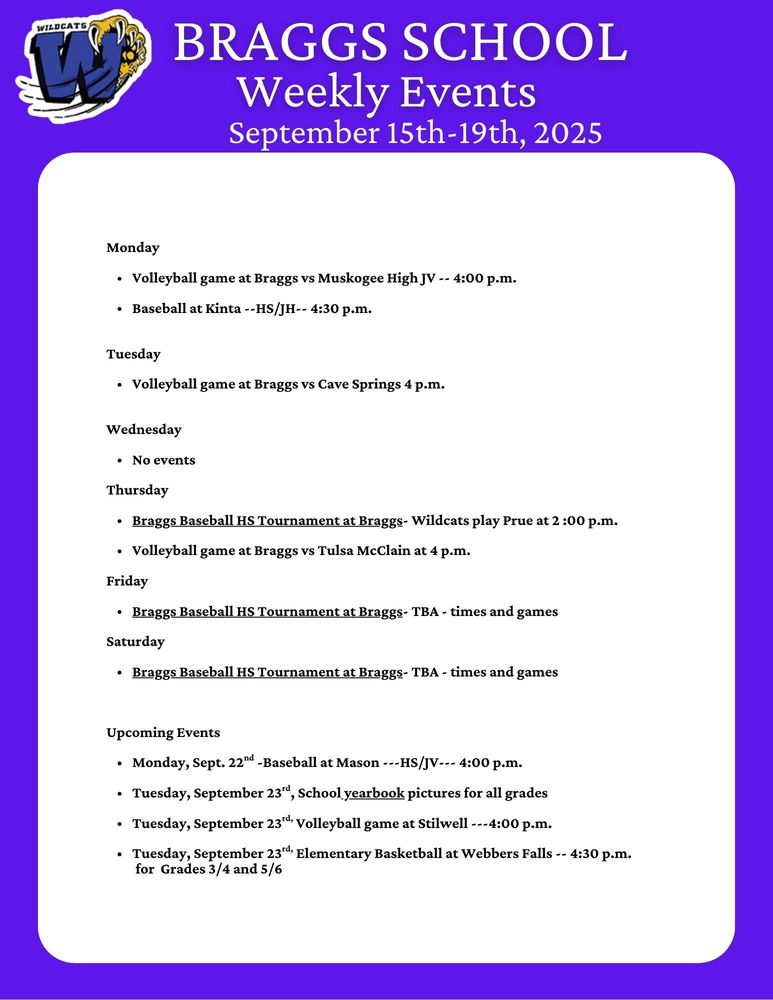Braggs Weekly Events for September 15-19, 2025