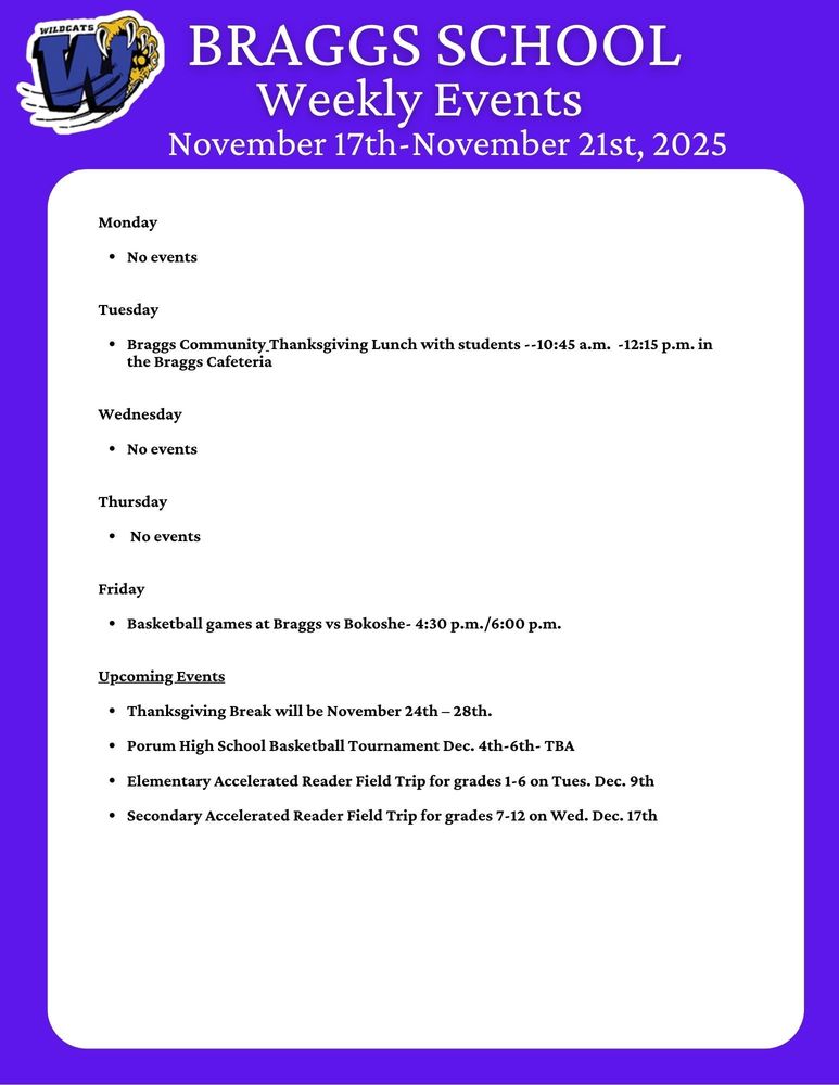 Braggs School Weekly Events for November 17th-21st, 2025