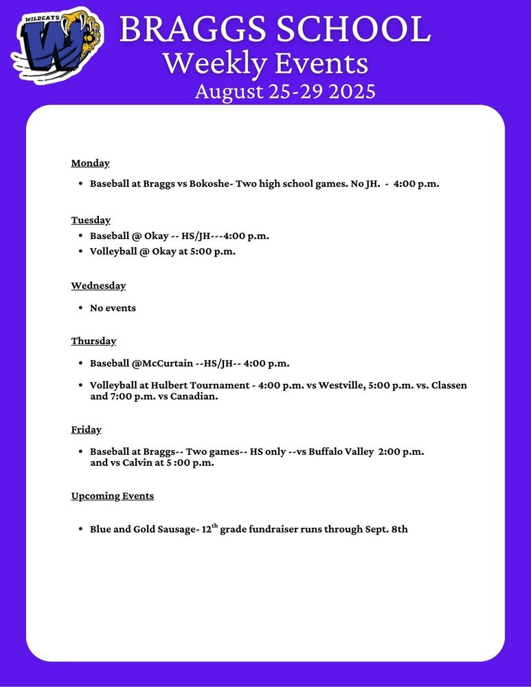 Braggs School Weekly Events for August 25-29, 2025