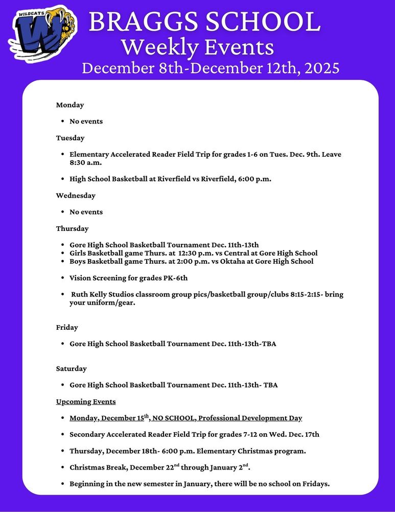 Braggs School Weekly Events for December 8th-12th, 2025