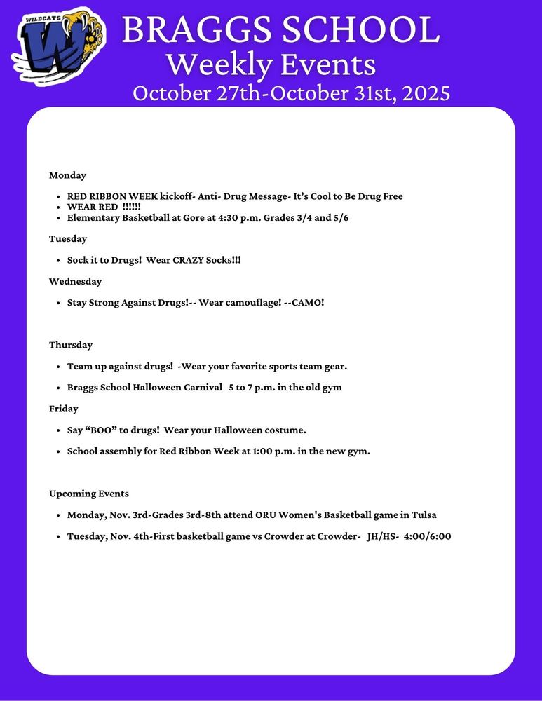 Braggs School Events for October 27-31, 2025