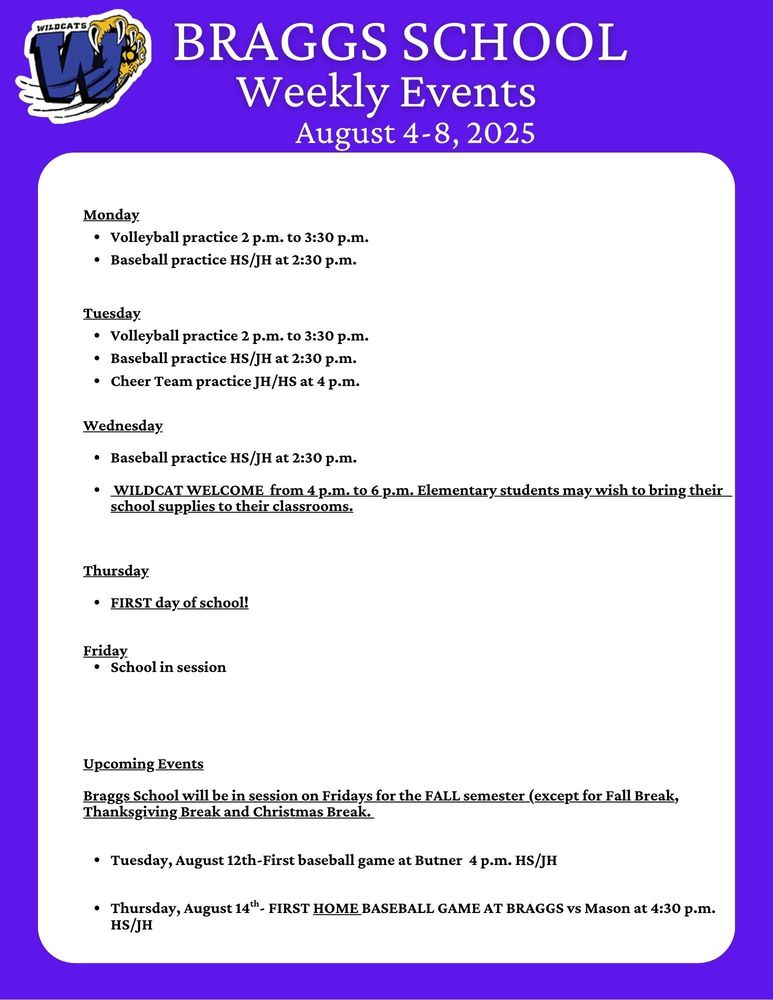 Weekly Events at Braggs School- August 4-8, 2025