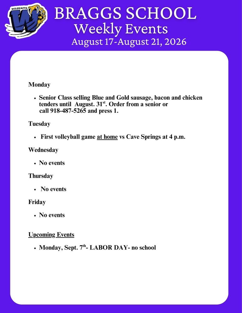 Braggs Weekly Events for August 17- August 21, 2026