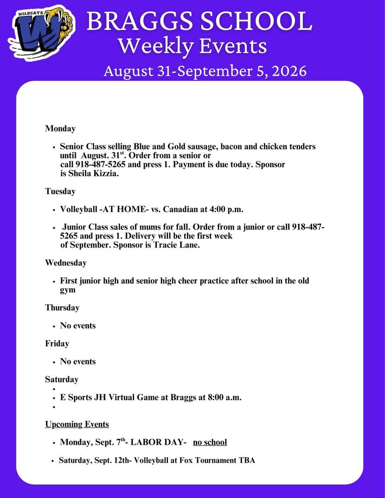 Braggs School Weekly Events for August 31-September 5, 2026