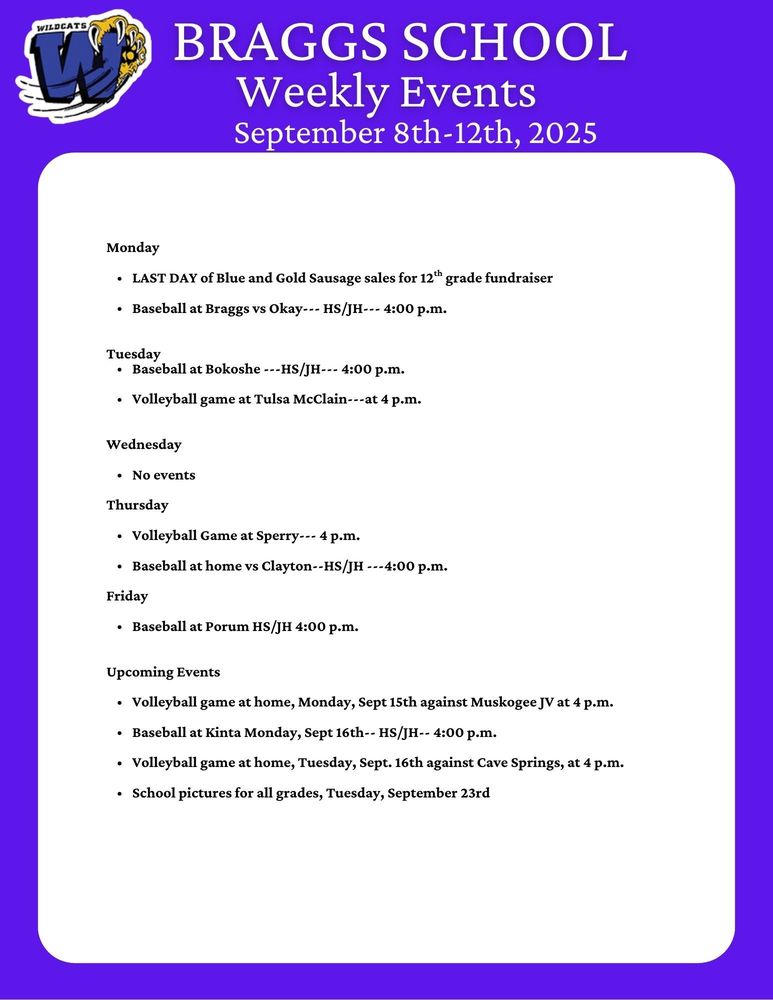 Braggs Weekly Events for Sept. 8-12, 2025