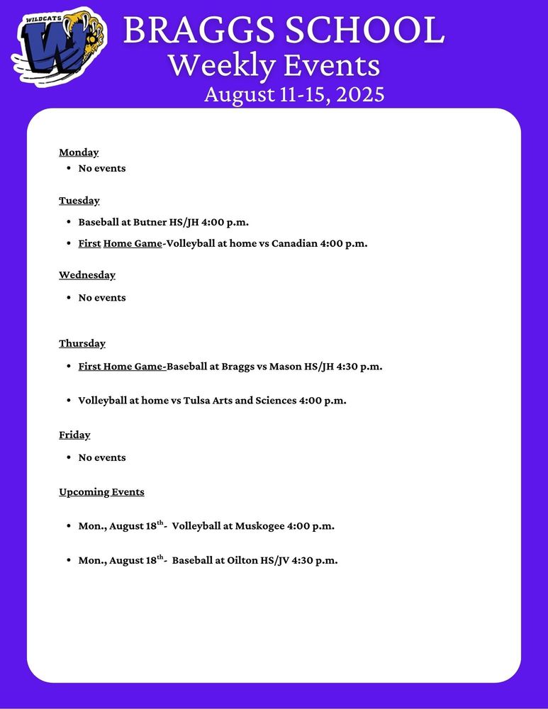 Braggs Weekly Events for August 11-15, 2025