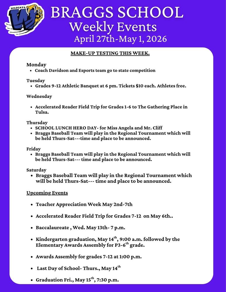 Braggs School events for April 27-May 1, 2026