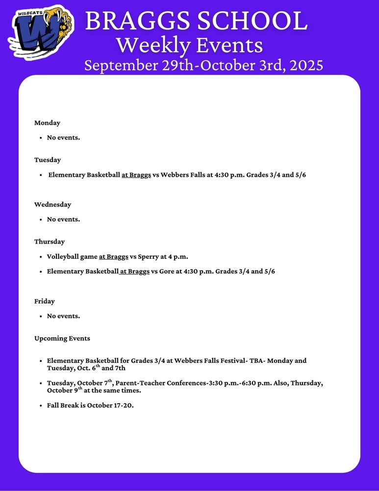 Braggs School Weekly Events for September 29-October 3, 2025