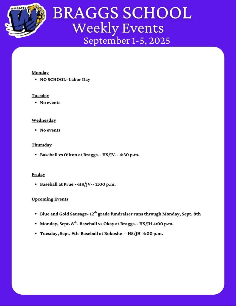 Braggs Weekly Events for September 1-5, 2025