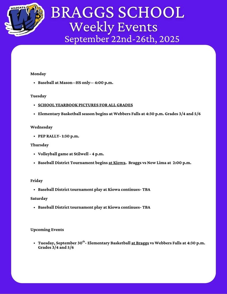 Braggs School Weekly Events for September 22-26, 2025