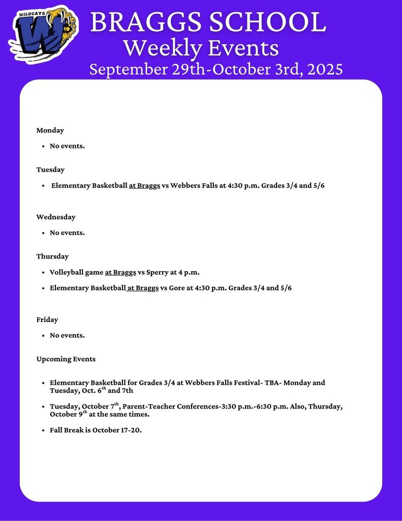 Braggs School Weekly Events for September 29-October 3, 2025