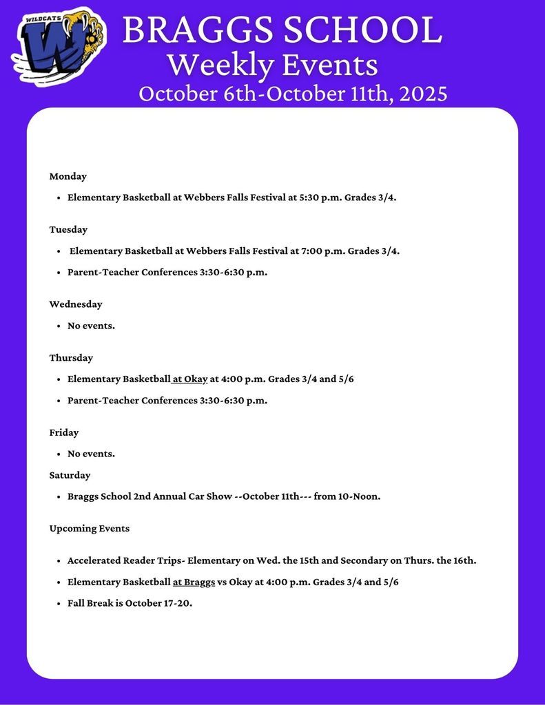 Braggs School Weekly Events for October 6-11, 2025