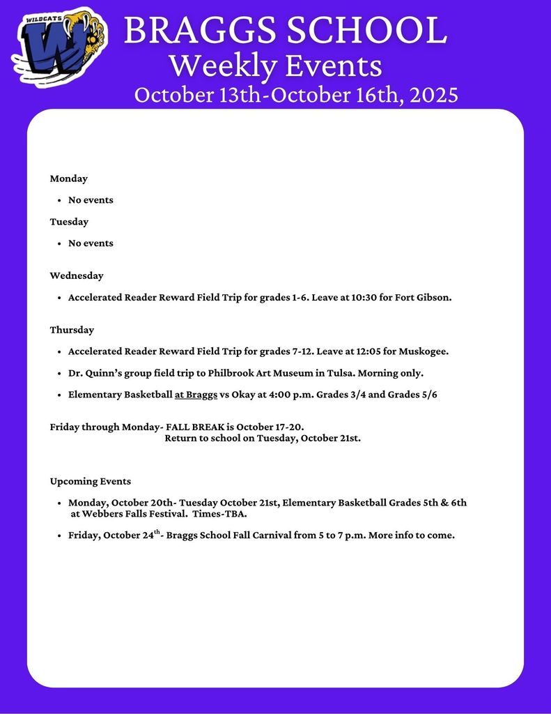 Braggs School Weekly Events for October 13th-16th, 2025