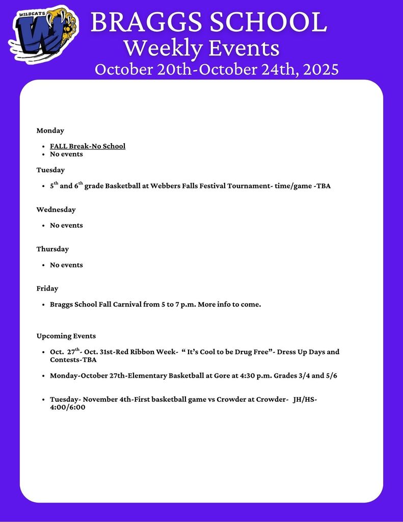 Braggs Weekly Events for October 20-24, 2025