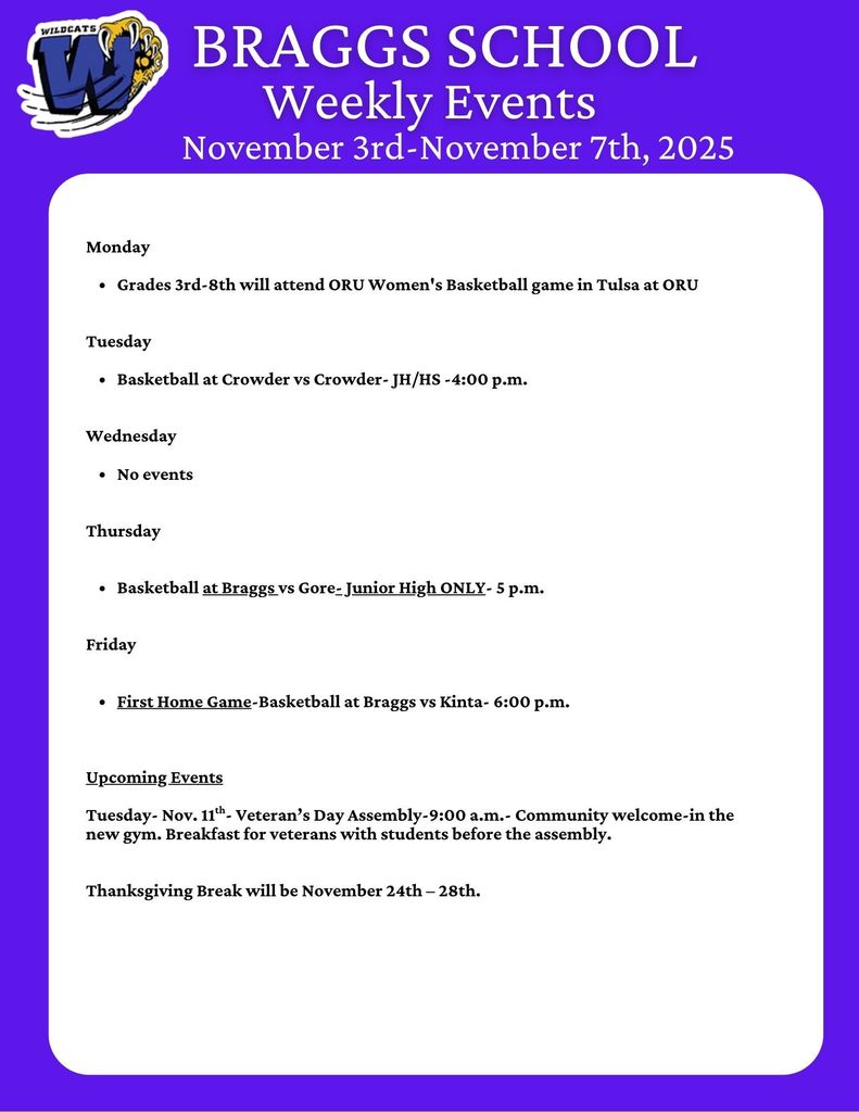 Braggs Weekly Events for November 3-7, 2025