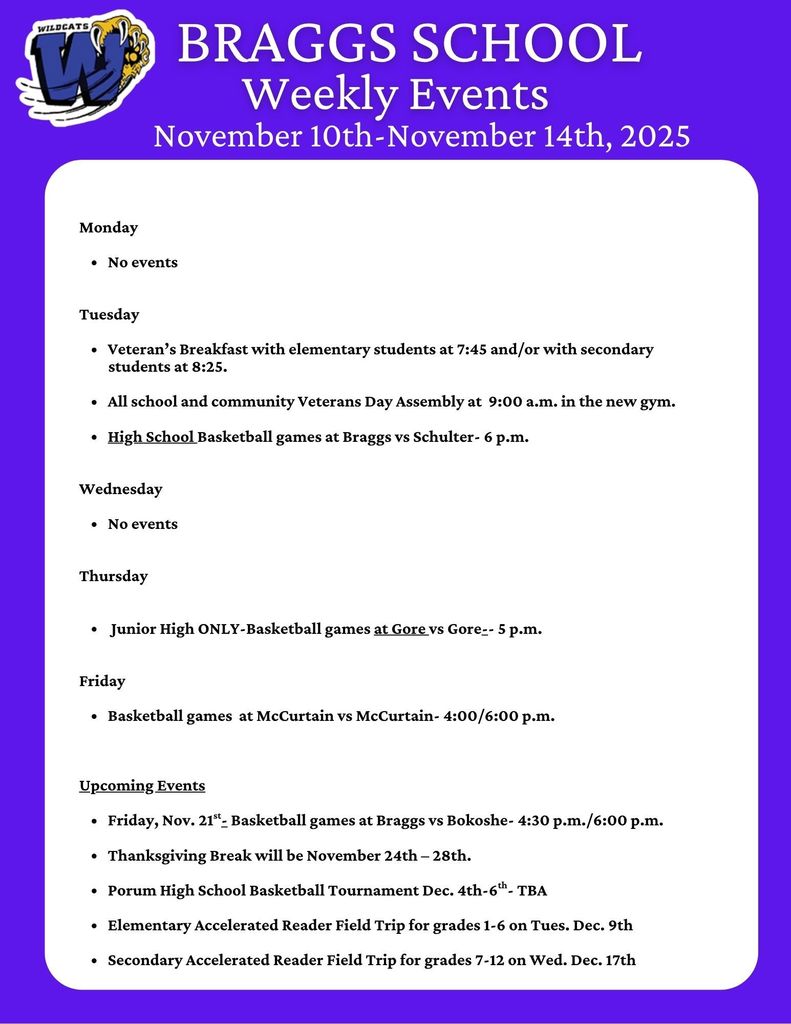 Braggs School Weekly Events for November 10-14, 2025