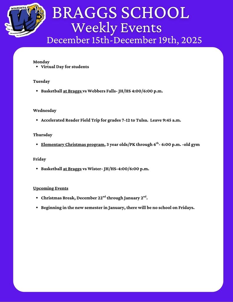 Braggs School Weekly Events for December 15-19, 2025