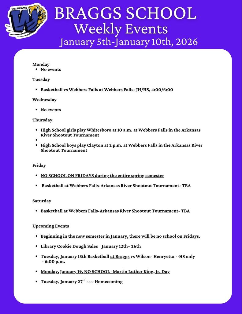 Braggs School Events for January 5-10, 2026