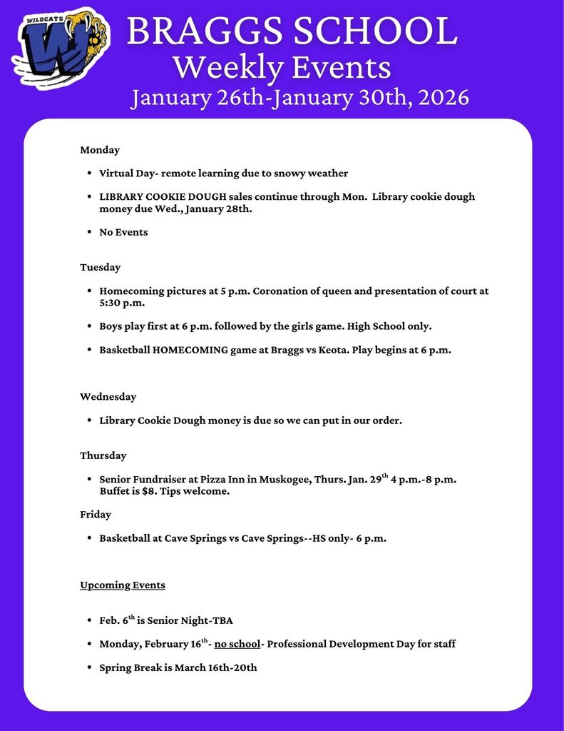 Braggs School Weekly Events for January 26-30, 2026