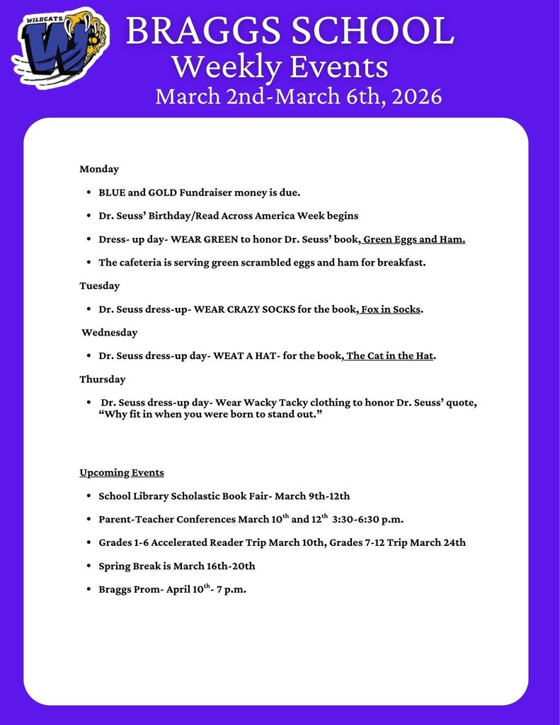 Braggs Weekly Events for March 2-6, 2026