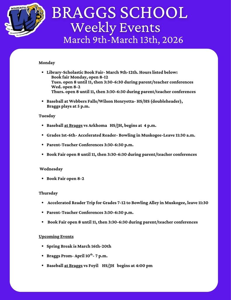 Braggs School Weekly Events for March 9-13, 2026