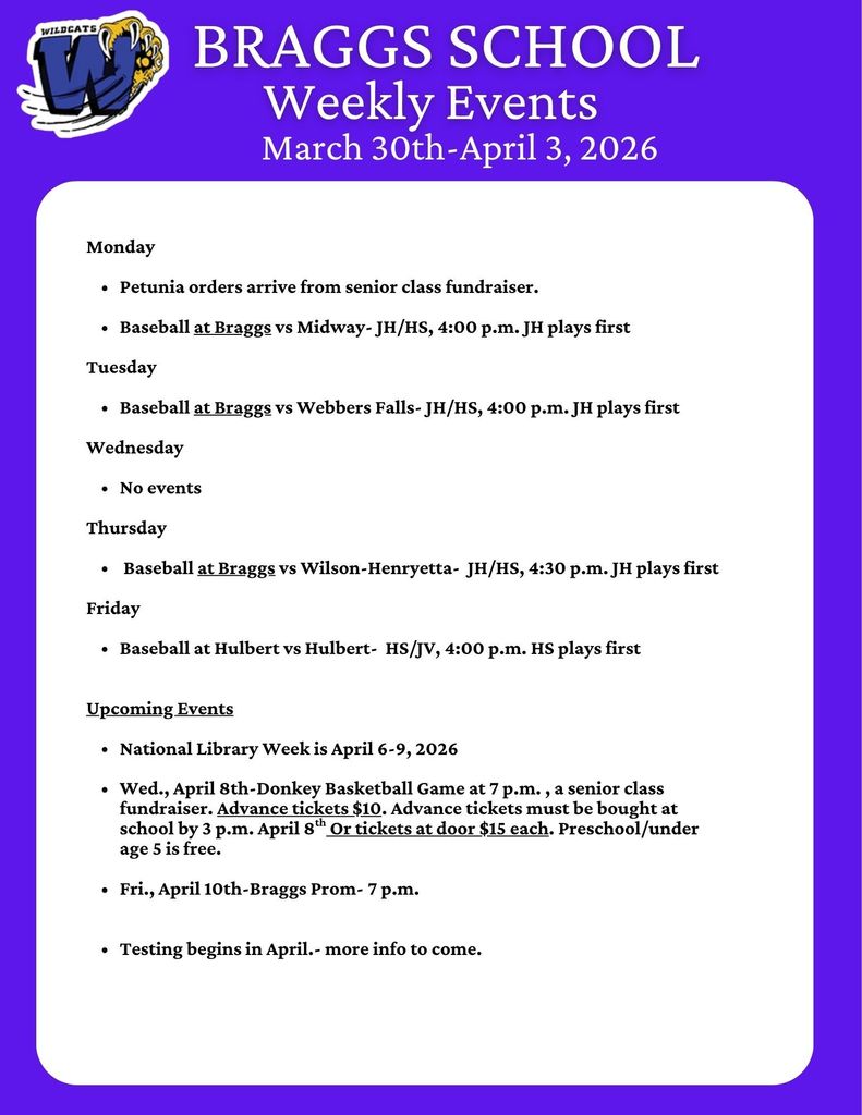 Braggs School Weekly Events for March 30th-April 3, 2026