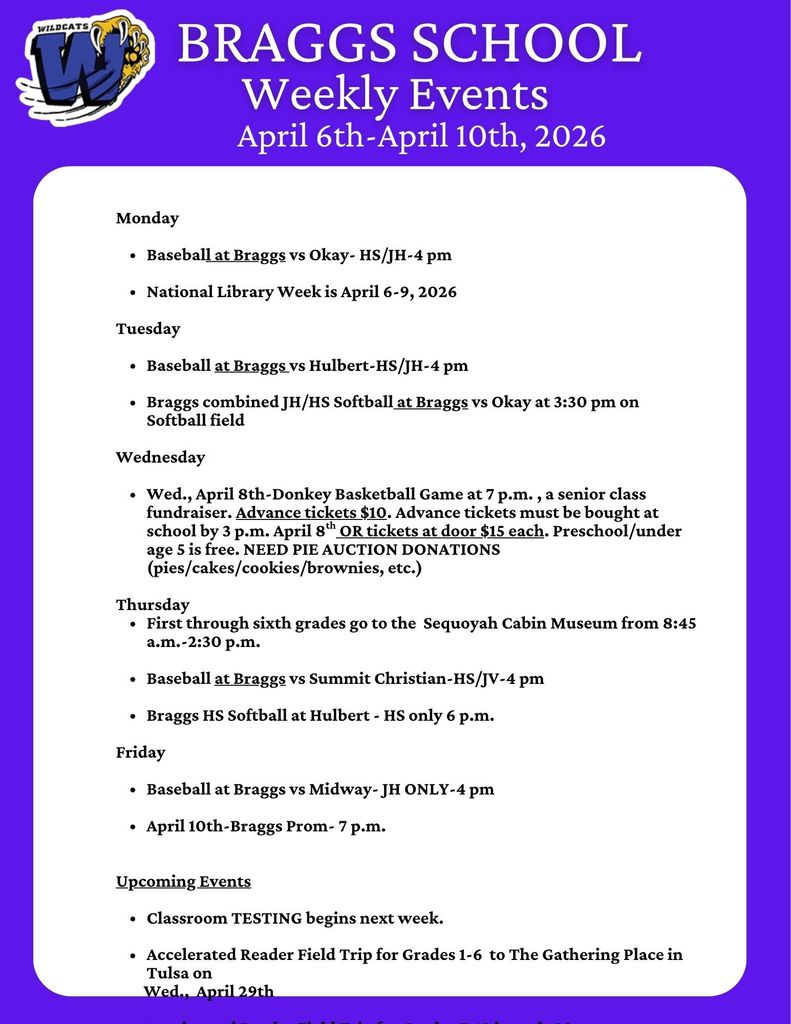 Braggs School Events for April 6-10, 2026