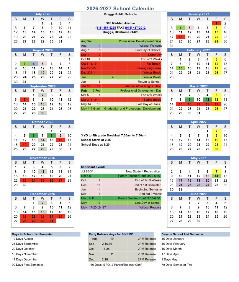 Braggs School Calendar for 2026-2027