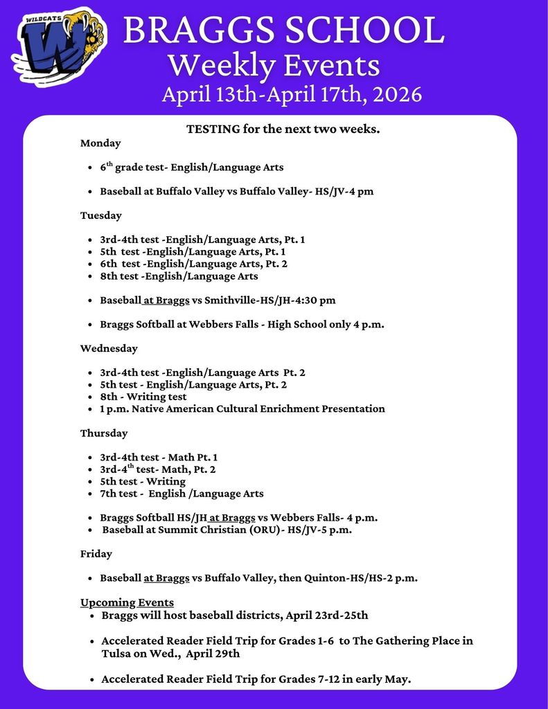 Braggs School Weekly Events for April 13-17, 2026