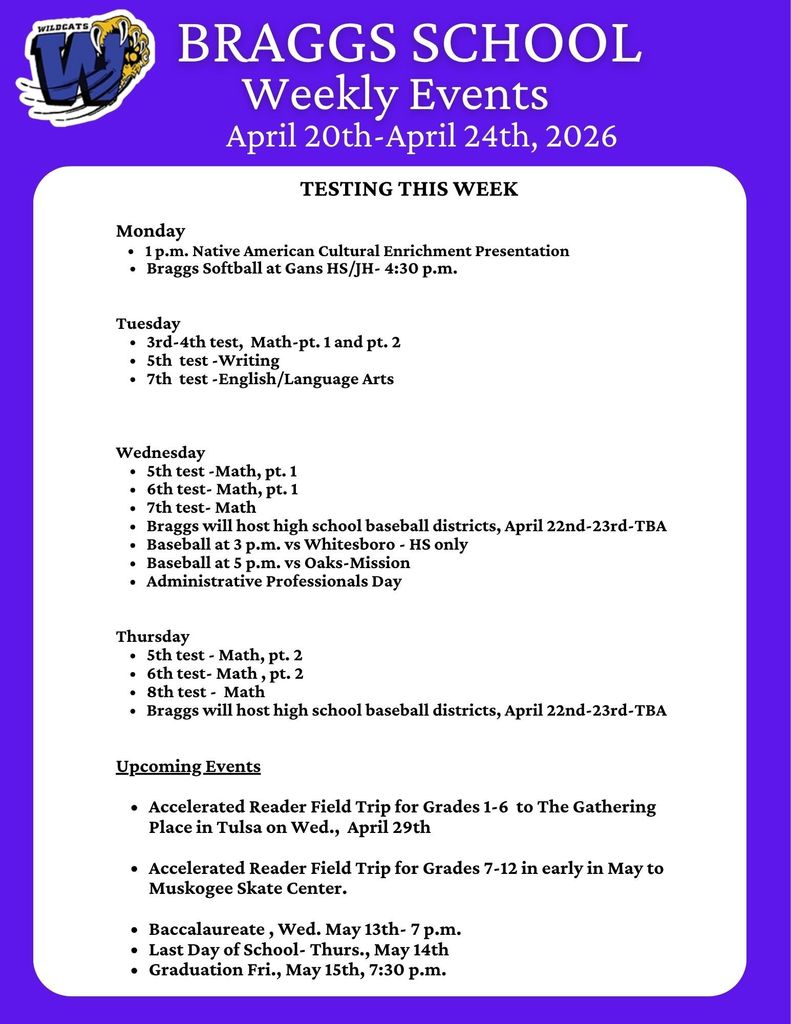 Braggs School Events for April 20-24, 2026
