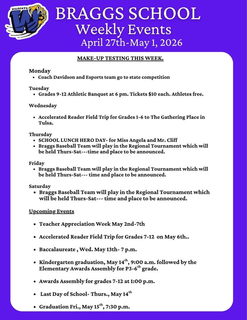Braggs School Events for April 27-May 1, 2026