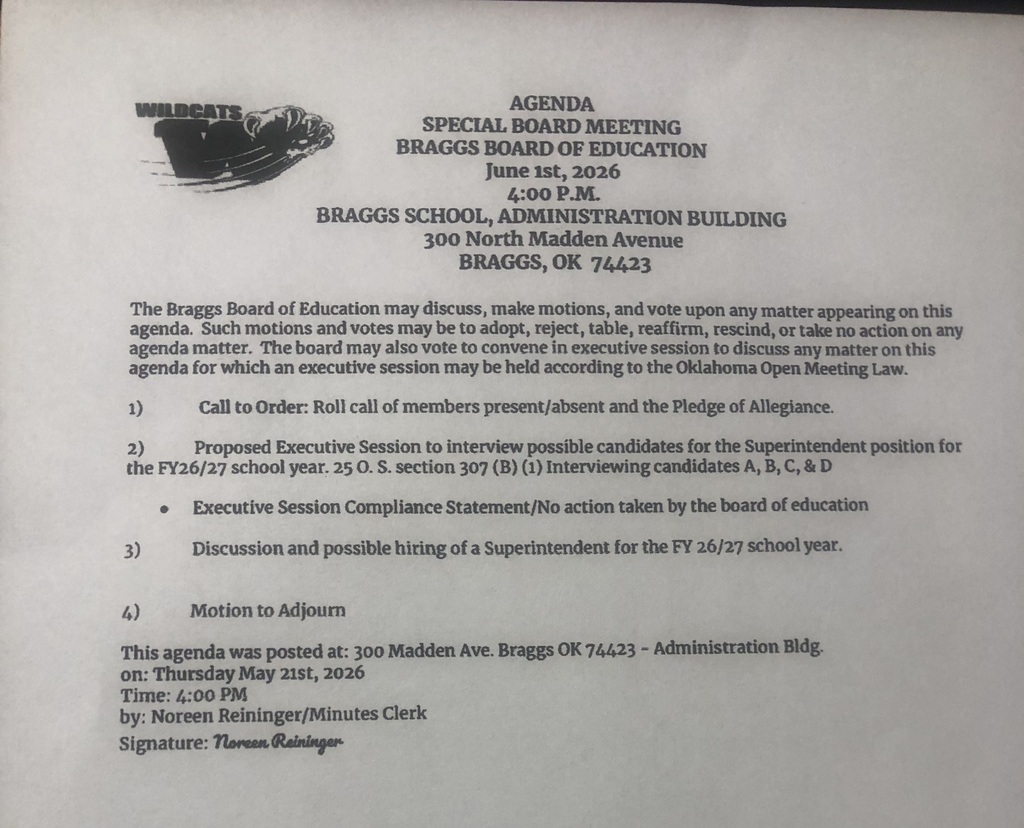 Agenda for Special School Board Meeting June 1, 2026