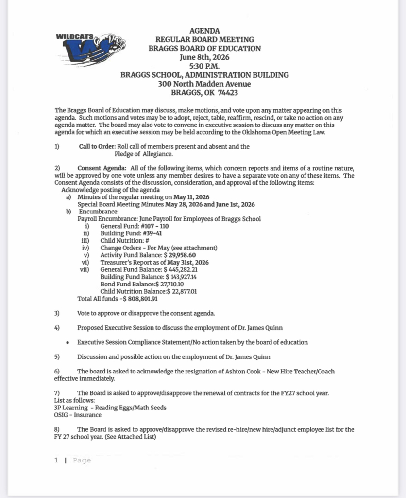 Regular School Board Meeting Agenda for June 8 , 2026