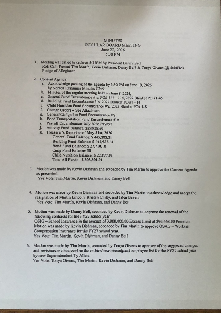 School Board Special Meeting Minutes for June 22, 2026-page 1