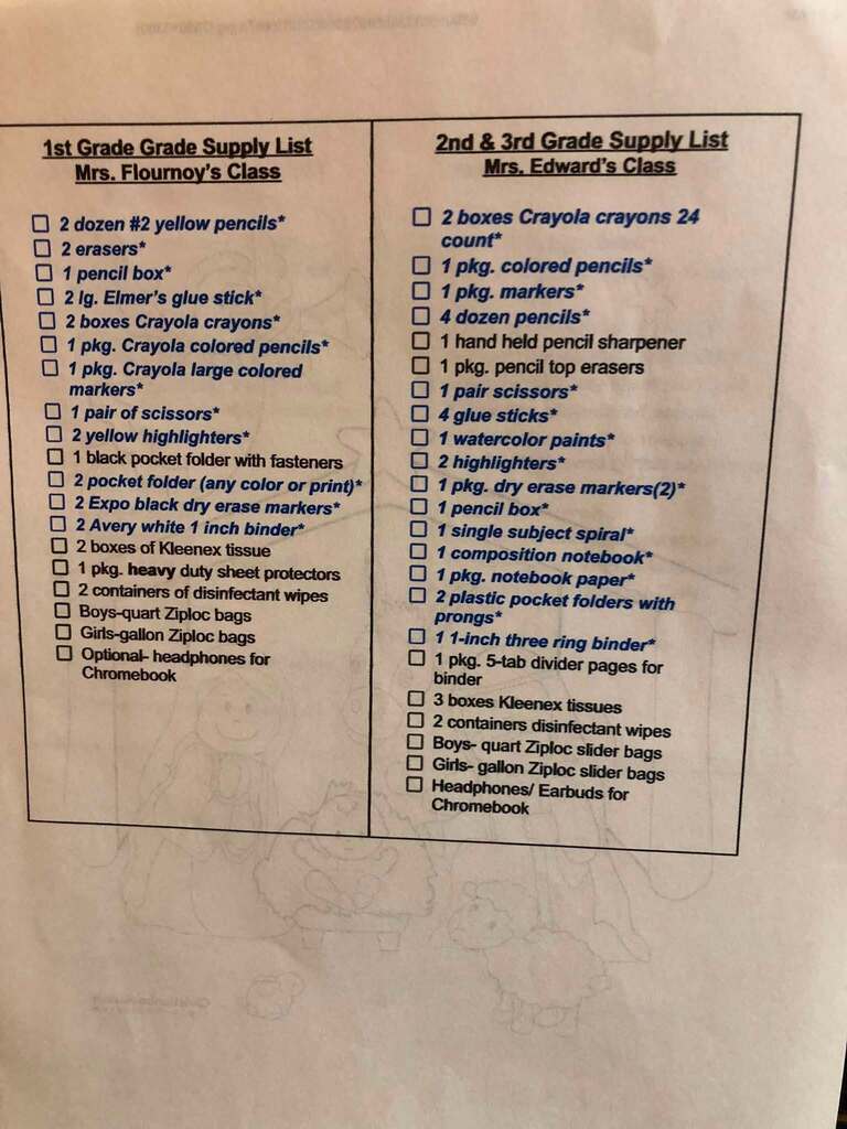 1st-2nd-3rd grades Braggs School Supply list for 2026=2027