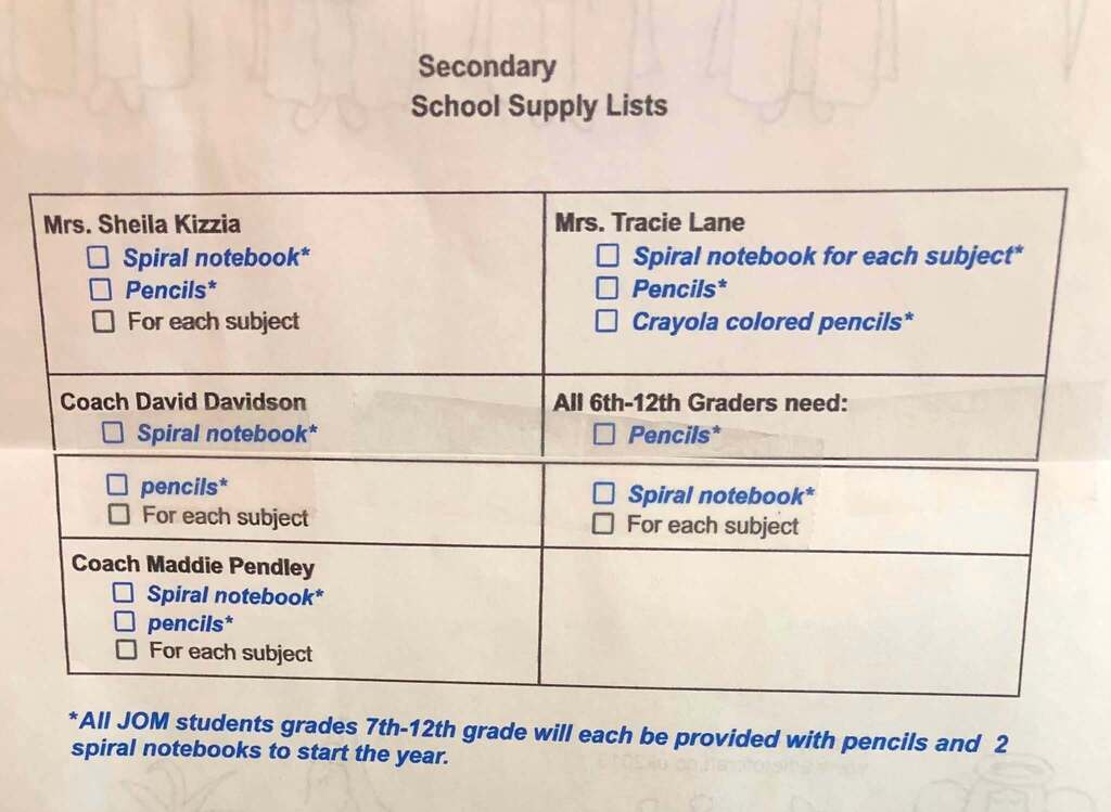 Secondary, Grades 6-12  Braggs School Supply list for 2026-2027